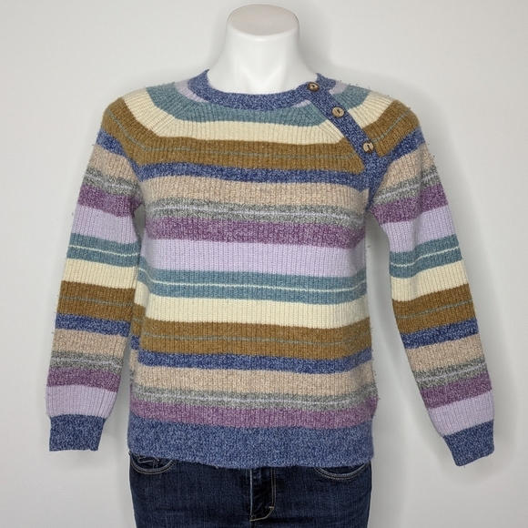 Woolovers Purple Blue Cream Tan Striped Lambswool Wool Sweater M - Picture 1 of 8